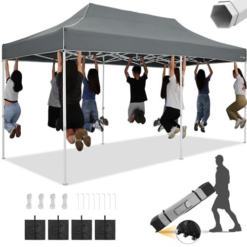 HOTEEL 10×20 Heavy Duty Pop Up Canopy Tent Outdoor Canopy Tents for Parties, Commercial Instant Waterproof Wedding Event Tent with Roller Bag, UV 50+Portable Shelter, Thick Hexagonal Legs, Grey