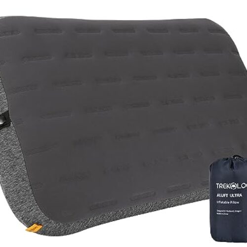 TREKOLOGY Camping Pillow – Large Inflatable (24″x15″) for Home-Like Comfort, Portable & Ergonomic, Easy to Clean, Durable & Leak-Proof, Removable Strap for Secure Fit – ALUFT Ultra (Grey)