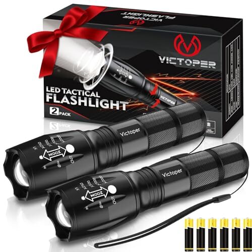 Victoper LED Flashlight 2 Pack, Bright 3500 Lumens Tactical Torch High Lumens with 5 Modes, Waterproof Zoomable Flash Light for Outdoor, Gifts for Camping Essentials Gear