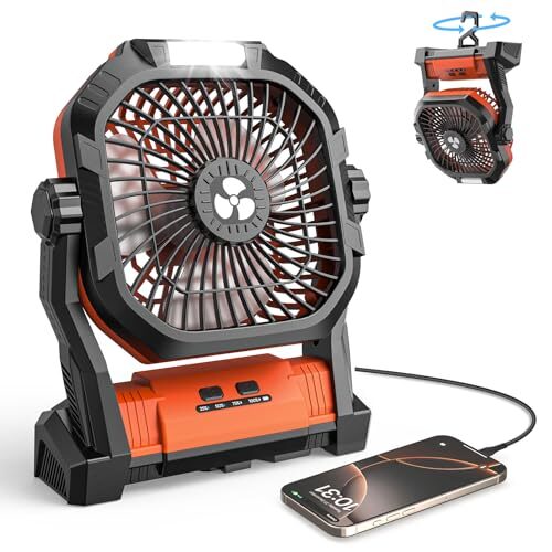 Camping Fan 27000mAh with LED Lantern – Cordless Portable Fan 8 inch USB C Battery Operated Rechargeable Powered Ventilador with Hanging Hook – 270° Rotating 4 Speed Personal Fa n for Travel Camping