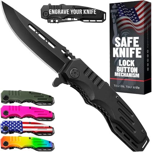 Safety Lock Pocket Knife – 3.4-inch Sharp Blade – Folding Tactical Black Knives with Aluminum Handle – Ideal Tool for EDC Camping Hunting Survival Work Hiking – Birthday Gifts for Men & Women 6681