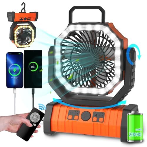 ADUST Camping Battery Operated Powered Fan with LED Lantern Light 20000mAh Rechargeable Portable Oscillating Fan with 360° Rotation Hanging Hook for Tents, Cordless USB Desk Fan(Orange)