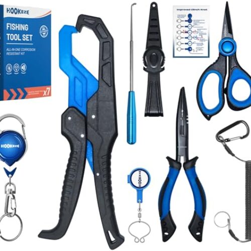 HOOK-EZE 7pc Fishing Gear Kit, Fishing Pliers, Knot Tying Tool, Fish Gripper, Braided Line Scissors, Hook Remover, Retractor, Lanyard, Fishing Accessories Tackle Stuff Equipment, Fishing Gifts for Men