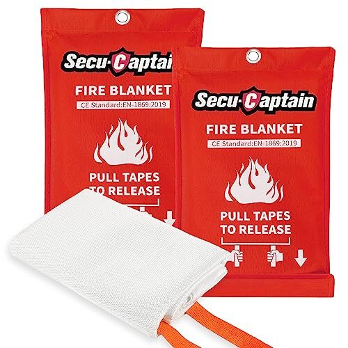 SecuCaptain Emergency Fire Blanket for Home and Kitchen – 2 Pack 40″x40″ Flame Suppression Fiberglass Fire Blankets for House Camping Car Office Warehouse Emergency Survival Safety