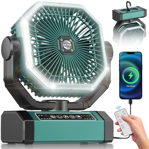 Portable Rechargeable Fan – 9-Inch Camping Fan for Tent, 20000mAh(60Hrs) Battery Operated Fan for Camping, Auto Oscillation Cordless Fan, Tent Fan with Remote/Light, 4 Speeds, 4 Timing, Outdoor