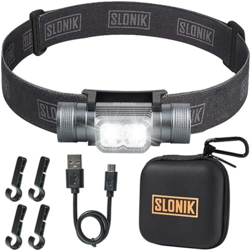 SLONIK Headlamp Rechargeable – 1000 Lumen LED USB Rechargeable Headlight – IPX4 Waterproof Head Lamp with Bright 60 ft Flashlight Beam – Hiking & Outdoor Camping Gear, Black – LED Headlamp
