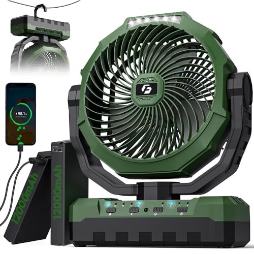 FRIZCOL 3-in-1 Camping Fan – Portable Fans Rechargeable – 24000mAh 9-Inch Battery Powered Fan(140Hrs) with Light & Remote for Indoor, Outdoor, Tent, Travel, BBQ, Fishing, Jobsite – Green